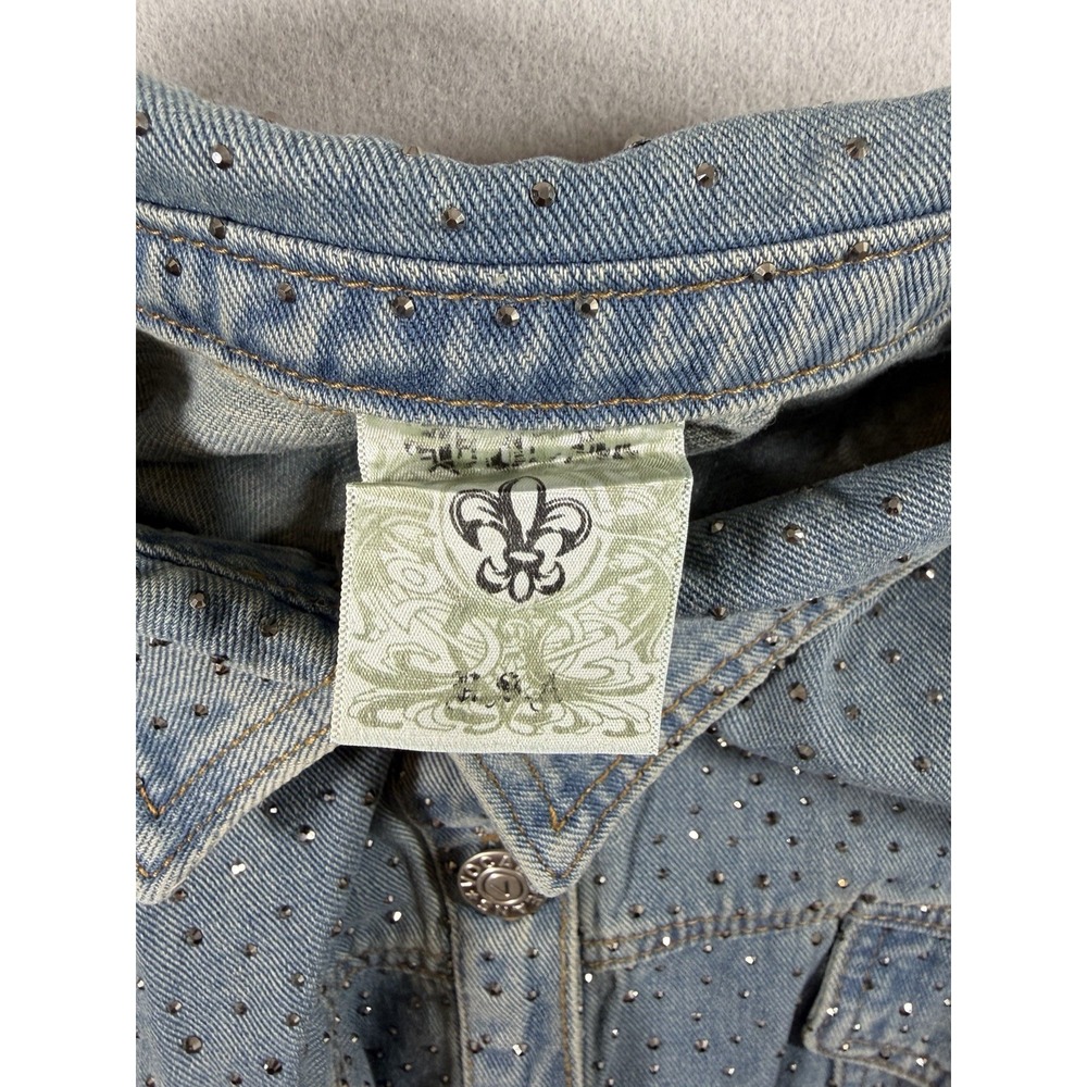 Vocal Women's Blue Denim Adorned Frayed Crop Jacket Size XL Rhinestone - Picture 5 of 7